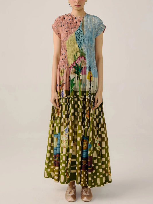 Retro Pleated Print Maxi Dress