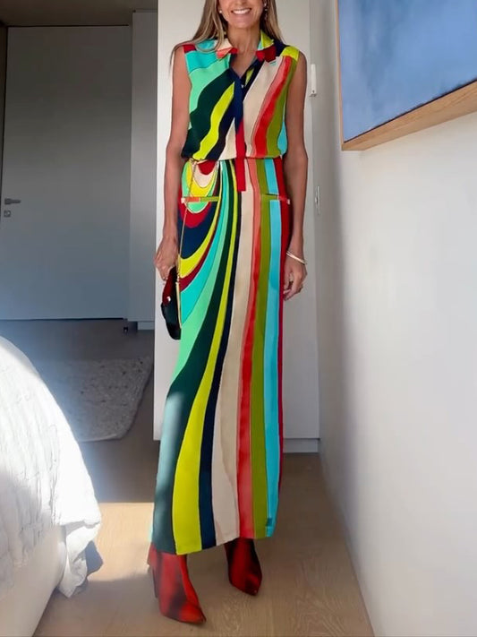 Unique Painted Irregular Stripes Sleeveless Maxi Dress