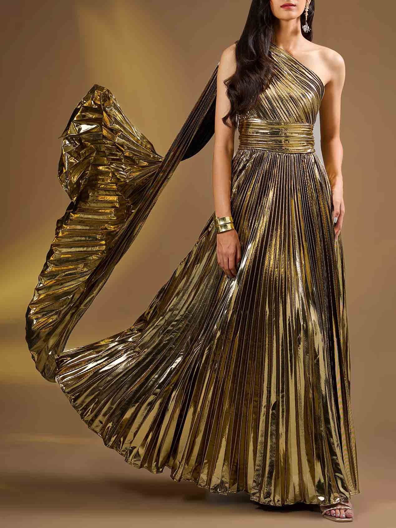 Elegant One-Shoulder Ruffled Glossy Maxi Dress