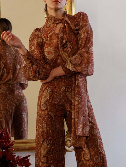 Retro Paisley Print Tie-Neck Long-Sleeve Shirt