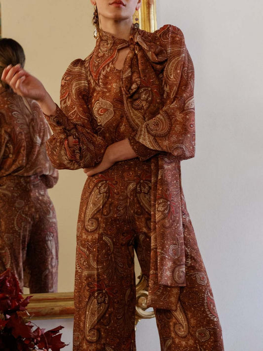 Retro Paisley Print Tie-Neck Long-Sleeve Shirt