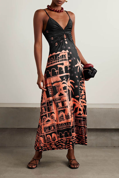 Unique Ruched Print Satin Maxi Dress