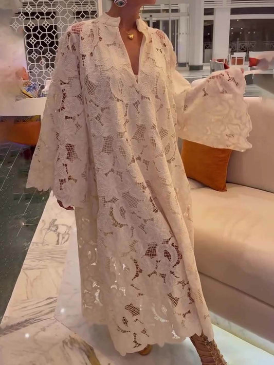 Casual White Long Sleeve Lace V-Neck Dress