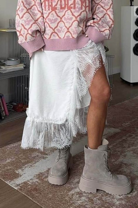 Casual Lace-trimmed Elastic Waist Loose Fit Midi Skirt