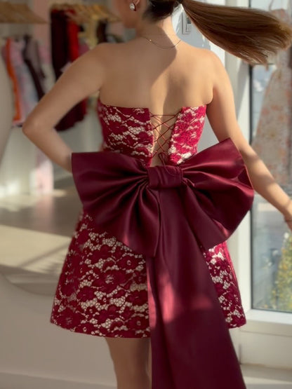 Elegant Strapless Lace Bow Mini Dress