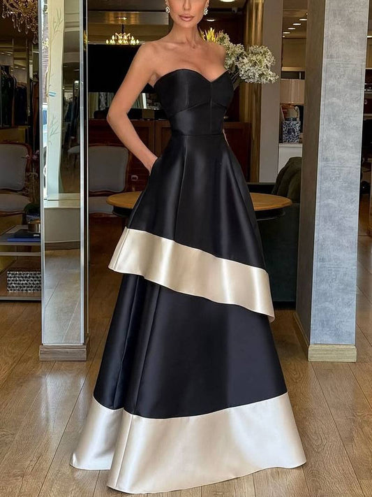 Tube Top Color Contrast High Waist A- Line Maxi Dress