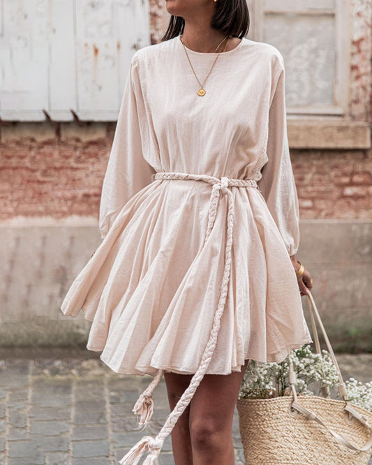 Casual Plain Braid Belt Dress