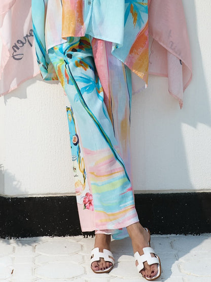 Unique Oil Painting Coconut Tree Print Wide Leg Pants