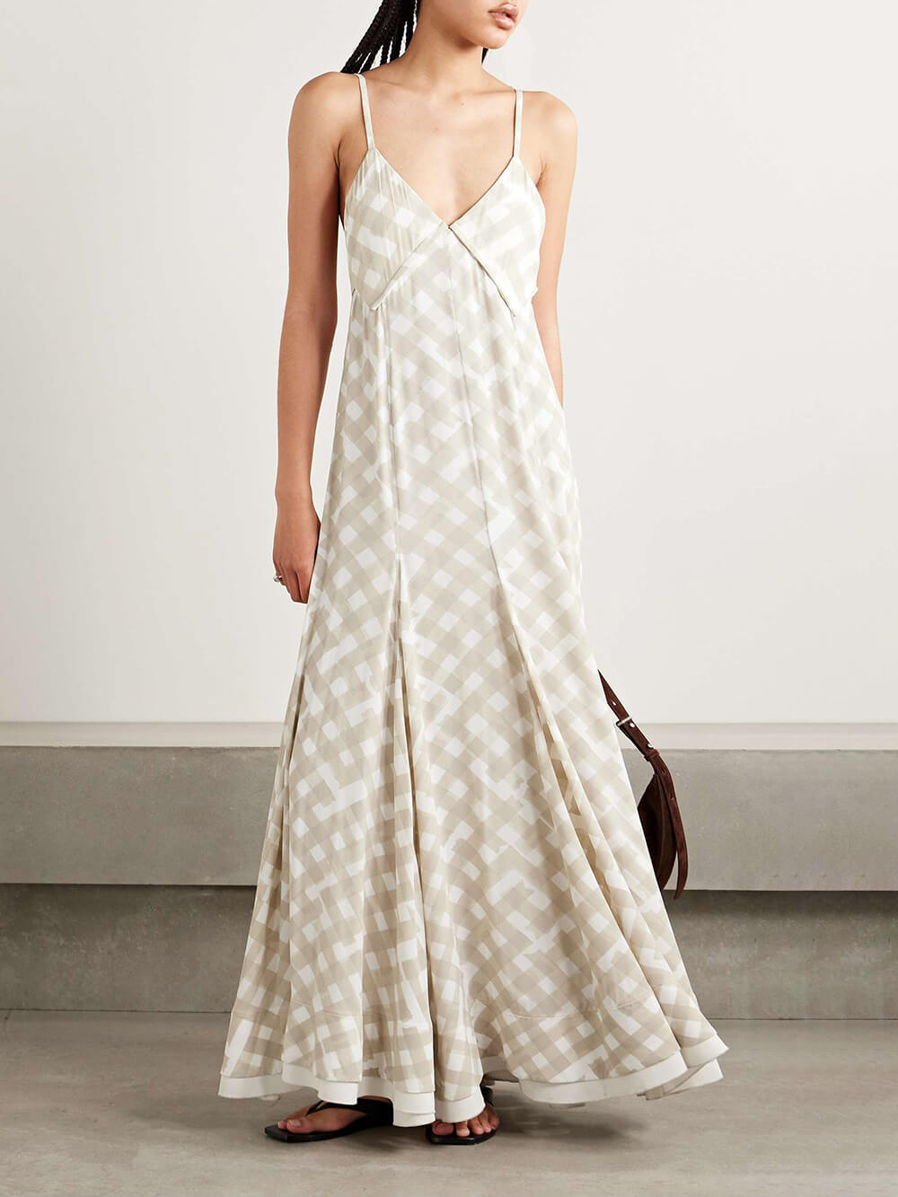 Elegant Plaid Print Pleated Crepe Maxi Dress