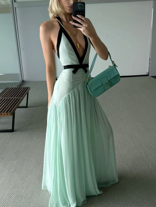 Elegant V-neck Bow Chiffon Flowing Maxi Dress