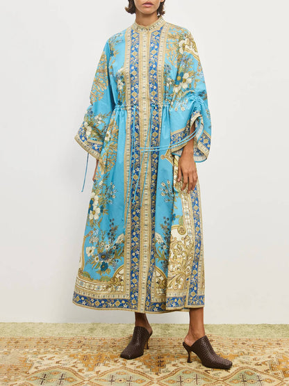 Unique Effortless Floral Print Cuffs Waist Drawstring Loose Shirt Silhouette Dress