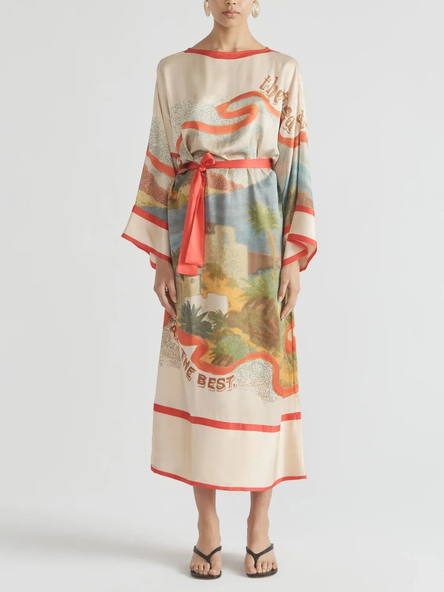 Elegant Scenic Print Kimono-Style Belted Maxi Dress