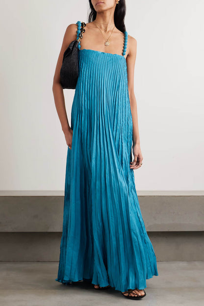 Elegant Beaded Pleated Linen Maxi Dress