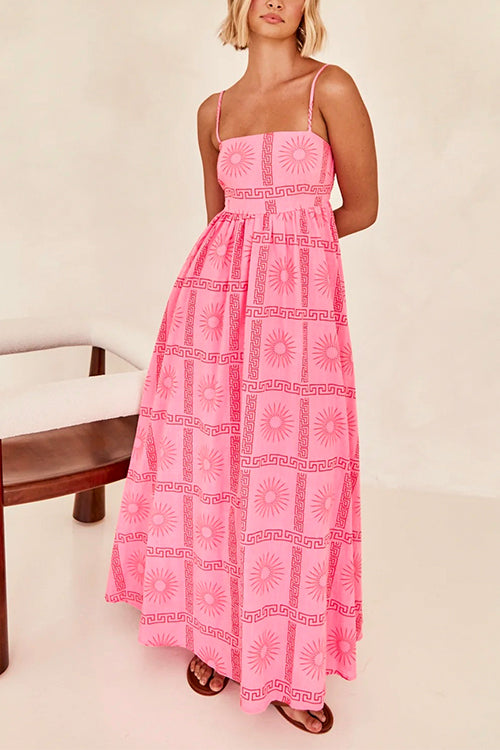 Spaghetti Strap Cut Out Waist Printed Maxi Swing Dress