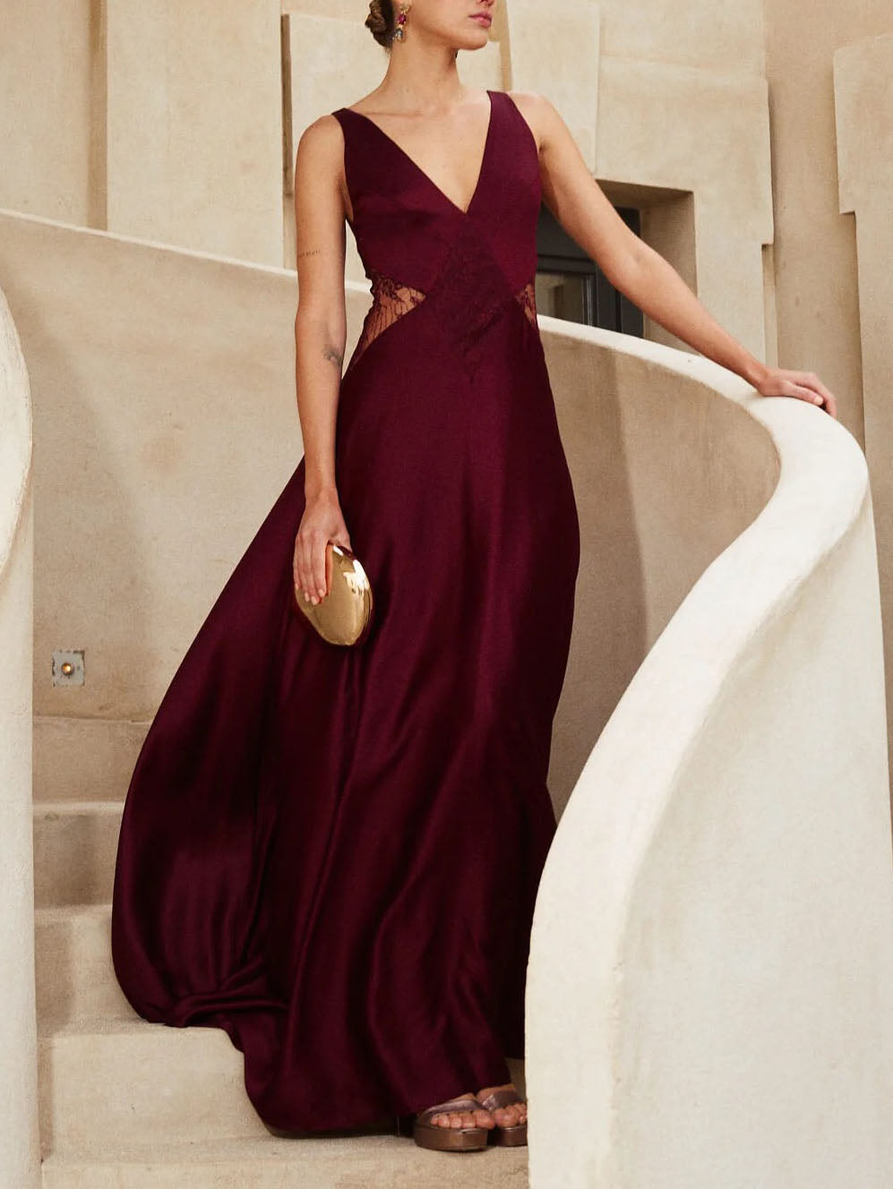 Elegant V-neck Lace Paneled Satin Maxi Dress
