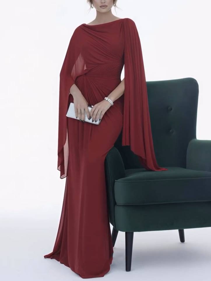 Boat Neck Pleated Slim Fit Maxi Dress