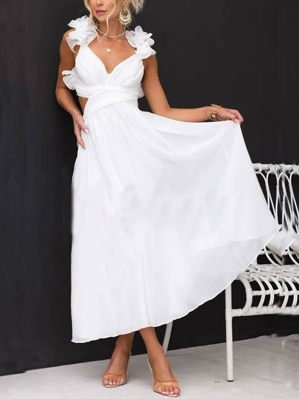 Floral Ruffle Detail Back Lace-Up Elastic Waist Maxi Dress