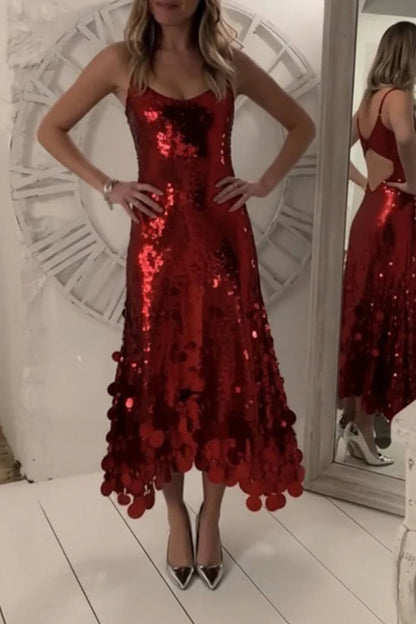 Exquisite Party Tips Sequin Irregular Round Tassels Hem Back Cutout Tank Maxi Dress