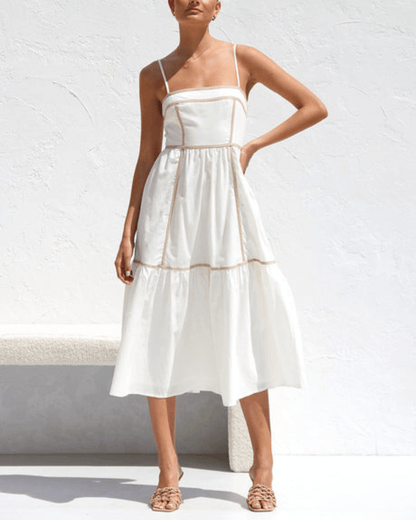 Contrast Taupe Trimming Midi Dress