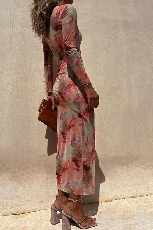 Mesh Overlay Tie Dye Print Long Sleeve Ruched Stretch Midi Dress