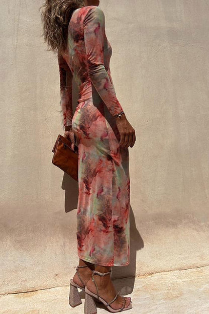 Mesh Overlay Tie Dye Print Long Sleeve Ruched Stretch Midi Dress
