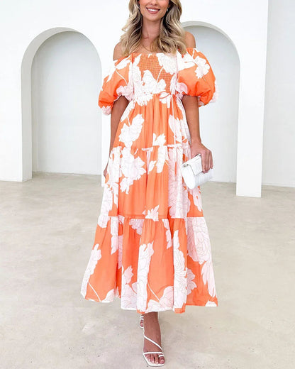 Elegant printed one-shoulder puff-sleeve dress