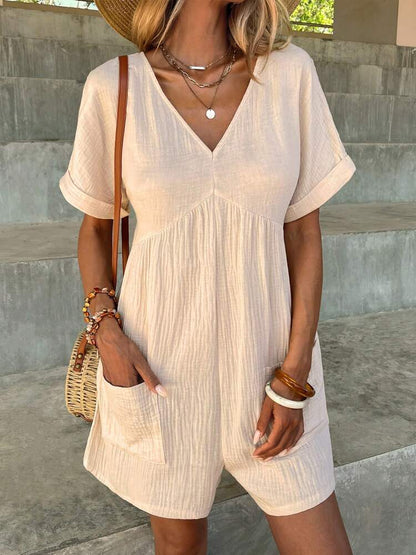 Fashion Solid Color V-neck Loose Bat Sleeve Zipper Short Sleeve Jumpsuit