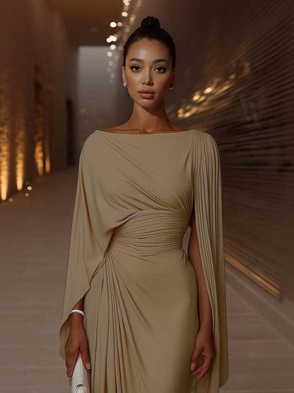 Boat Neck Pleated Slim Fit Maxi Dress