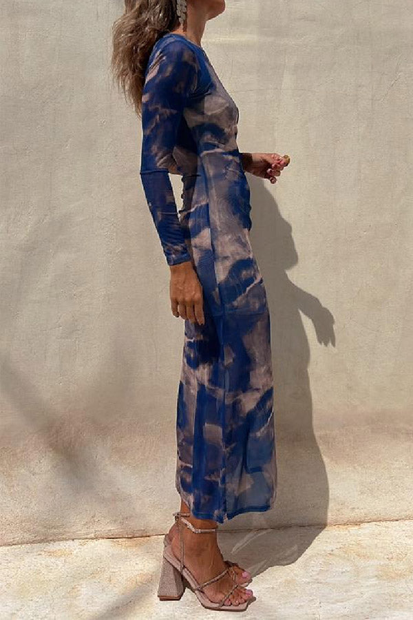 Mesh Overlay Tie Dye Print Long Sleeve Ruched Stretch Midi Dress