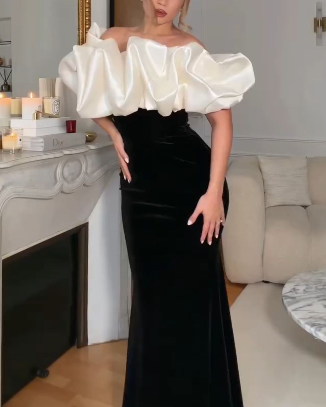 Contrast Color Block Voluminous Ruffle Velvet Gown