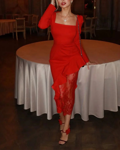 Elegant Square Neck Long Sleeve Ruffle Lace Mini Dress