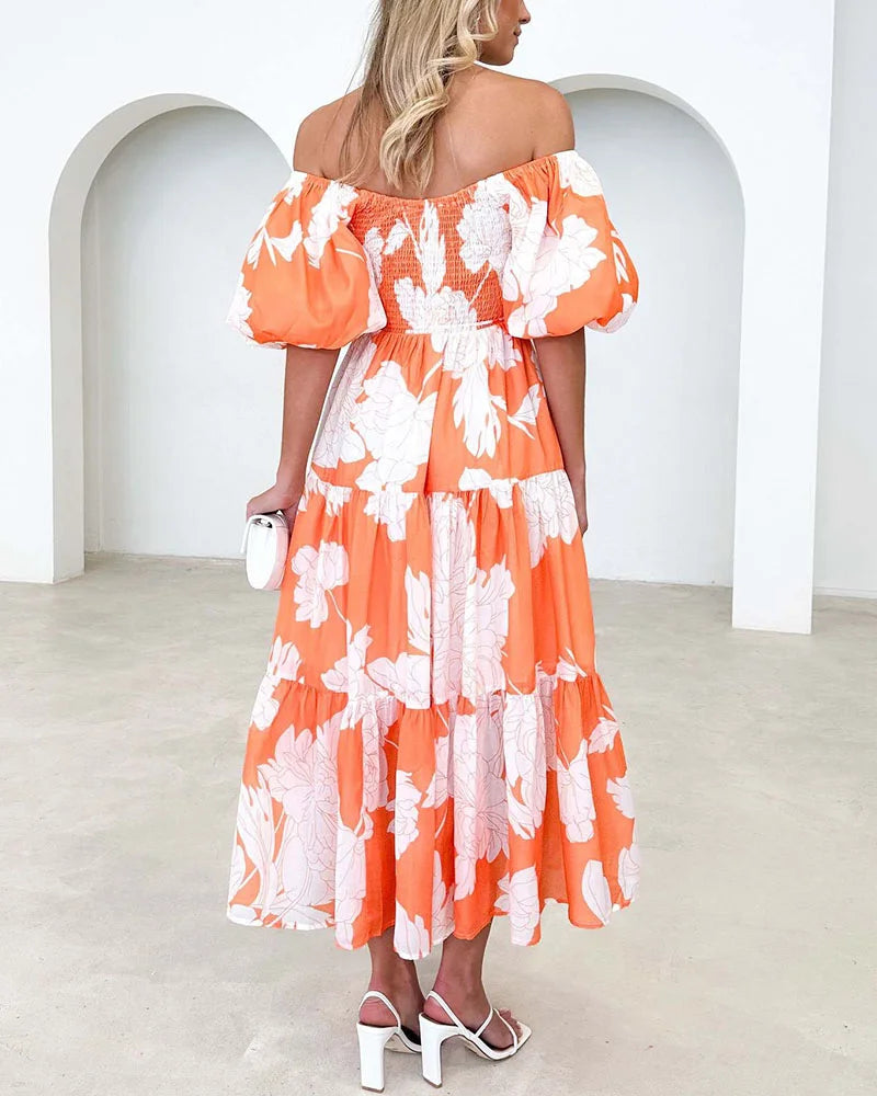 Elegant printed one-shoulder puff-sleeve dress