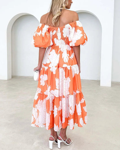 Elegant printed one-shoulder puff-sleeve dress
