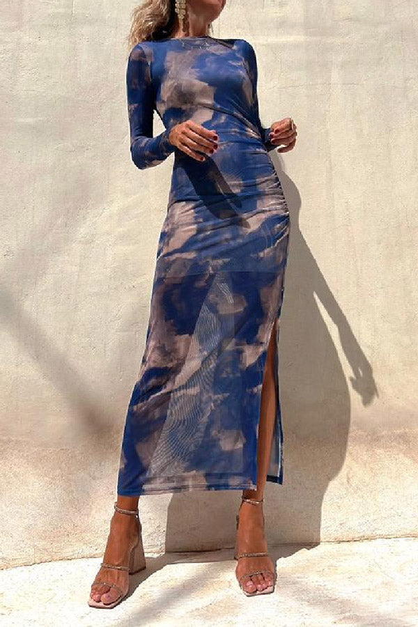 Mesh Overlay Tie Dye Print Long Sleeve Ruched Stretch Midi Dress