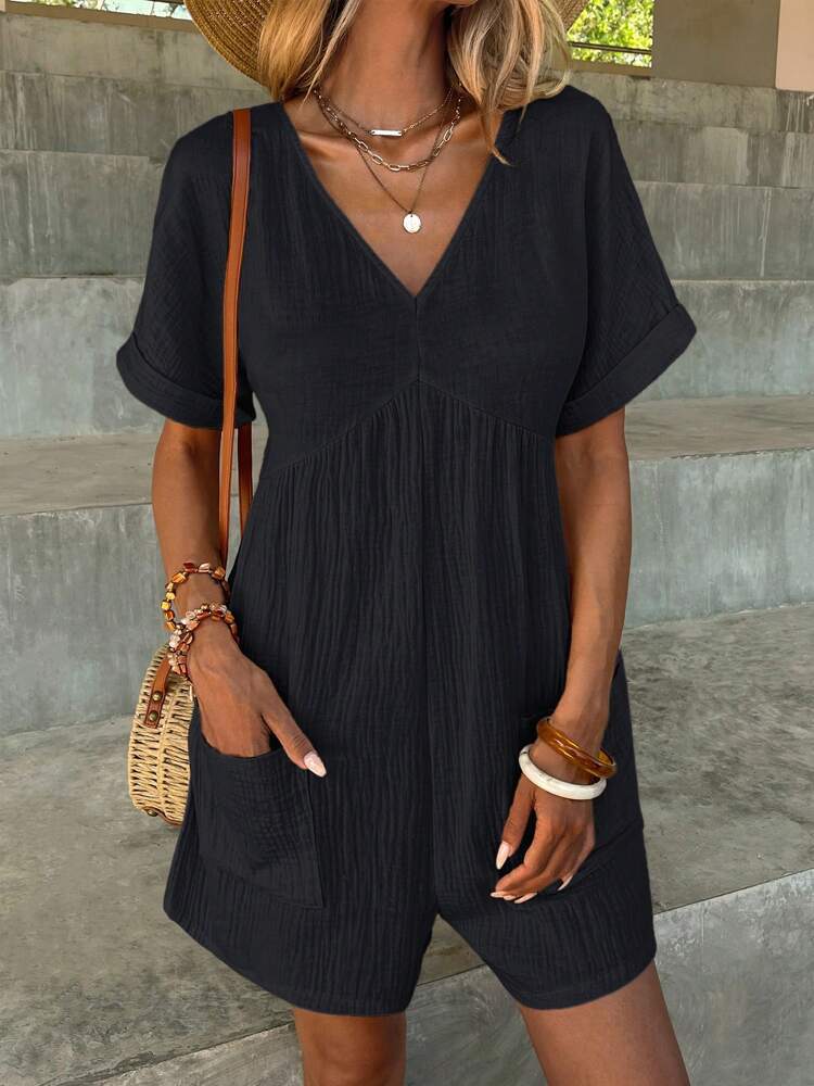 Fashion Solid Color V-neck Loose Bat Sleeve Zipper Short Sleeve Jumpsuit