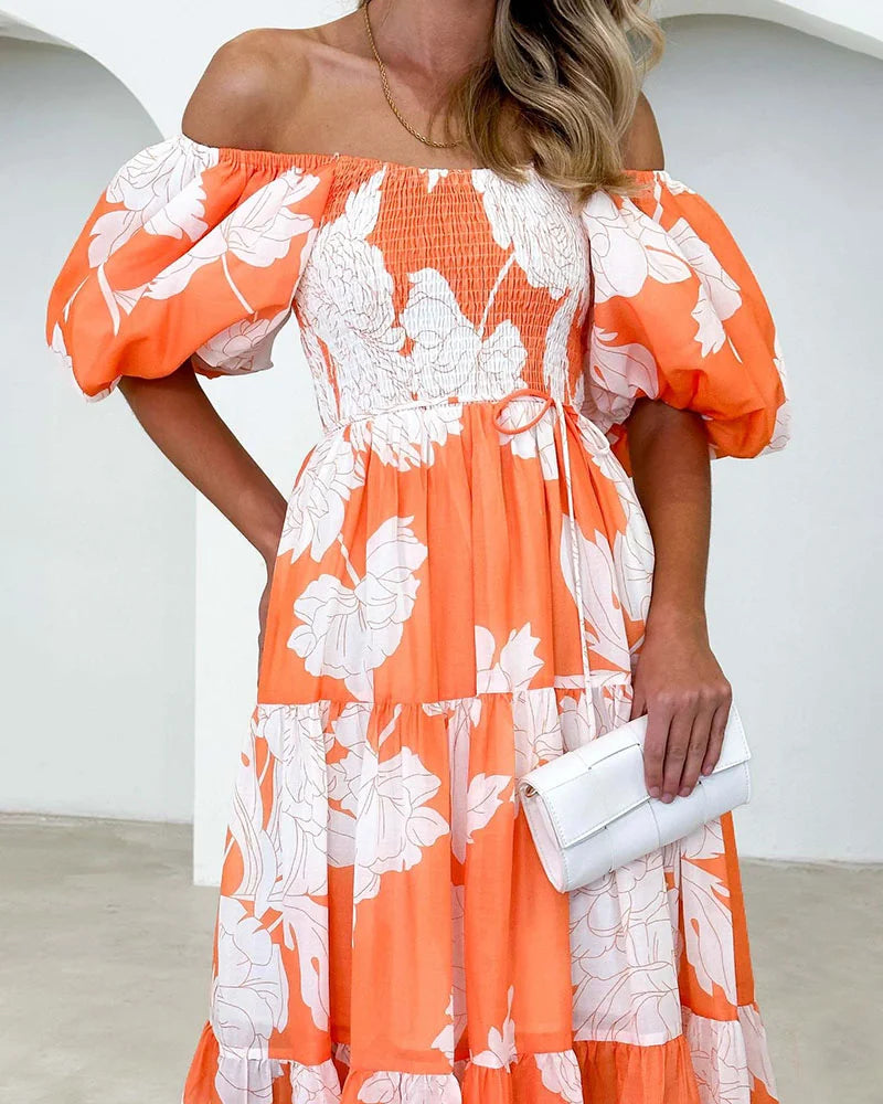 Elegant printed one-shoulder puff-sleeve dress