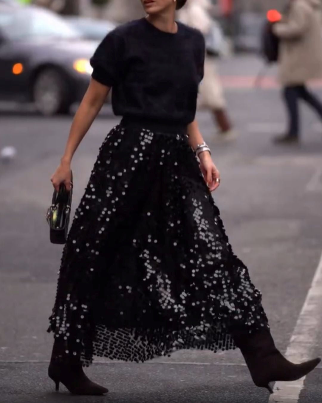Black Sequin Mesh Midi Skirt