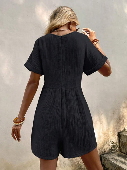 Fashion Solid Color V-neck Loose Bat Sleeve Zipper Short Sleeve Jumpsuit