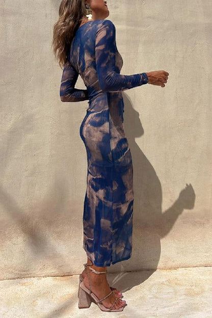 Mesh Overlay Tie Dye Print Long Sleeve Ruched Stretch Midi Dress