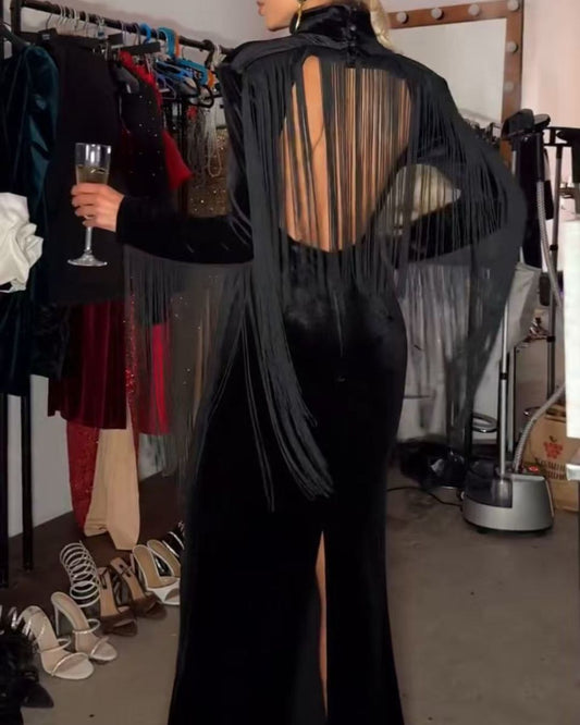 Black Velvet Backless Tassel Maxi Dress