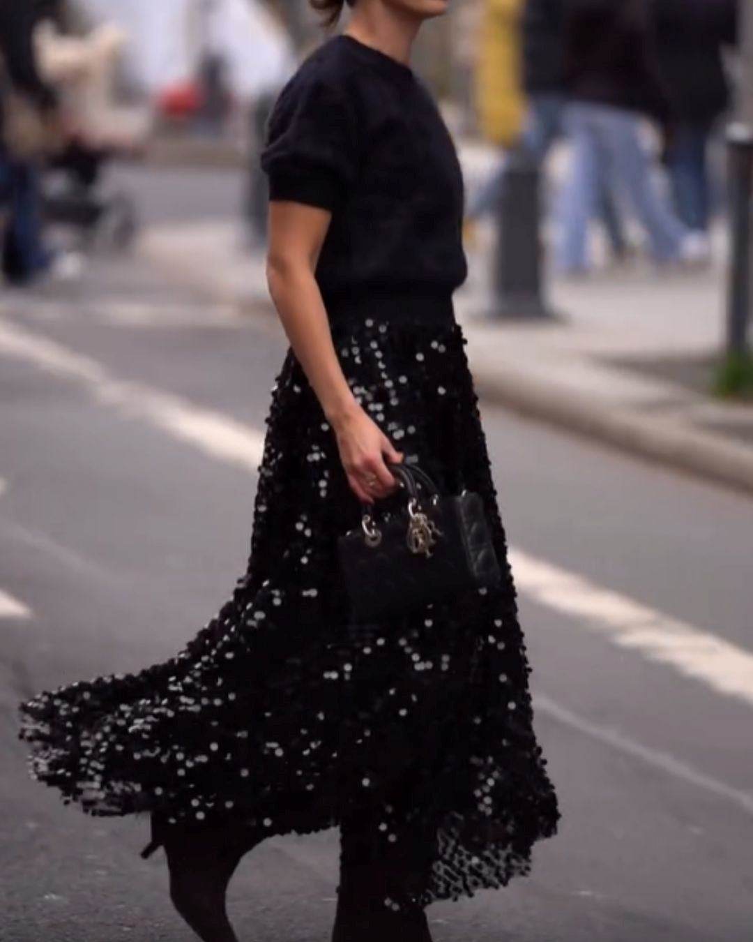 Black Sequin Mesh Midi Skirt