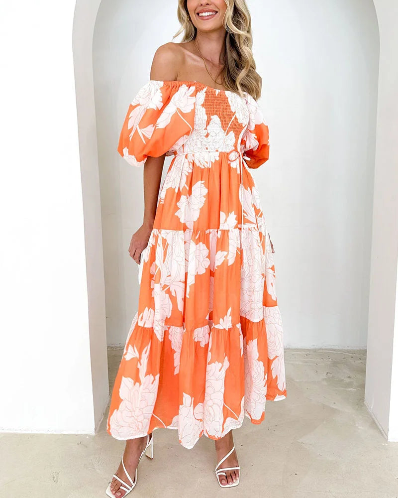 Elegant printed one-shoulder puff-sleeve dress
