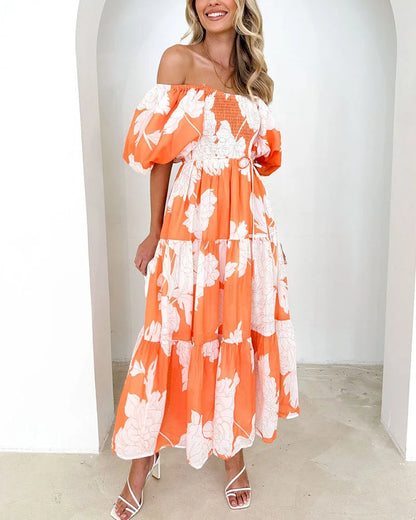 Elegant printed one-shoulder puff-sleeve dress
