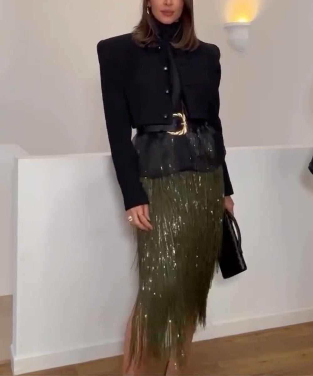 Elegant Sequined Tassel Stylish Midi Skirt