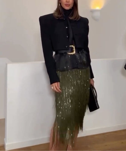 Elegant Sequined Tassel Stylish Midi Skirt