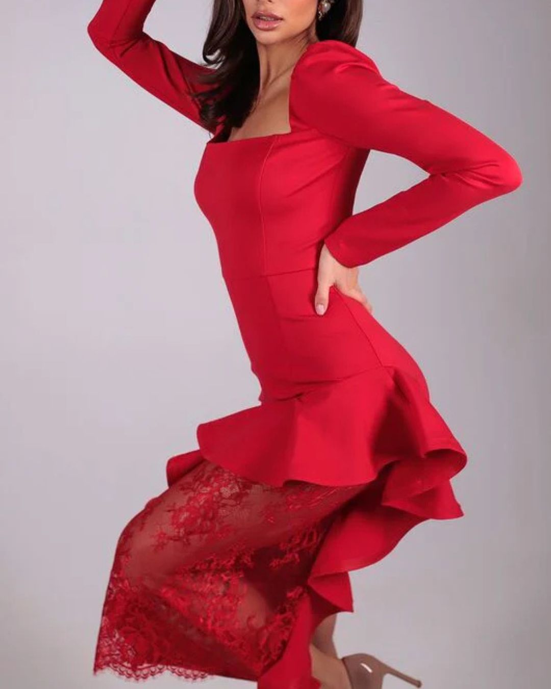 Elegant Square Neck Long Sleeve Ruffle Lace Mini Dress