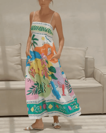 Linen Blend Unique Print Smocked Back Pocket Maxi Dress