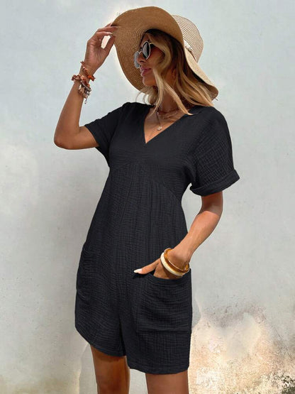 Fashion Solid Color V-neck Loose Bat Sleeve Zipper Short Sleeve Jumpsuit