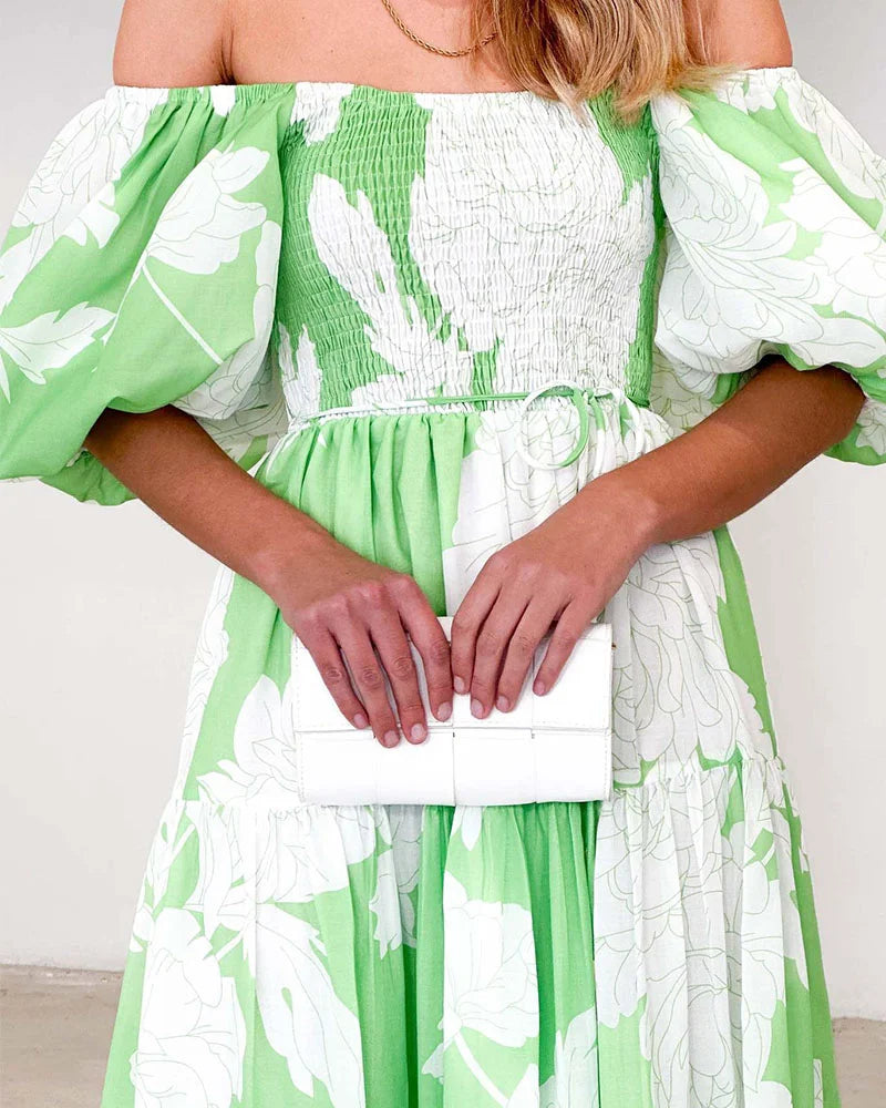 Elegant printed one-shoulder puff-sleeve dress