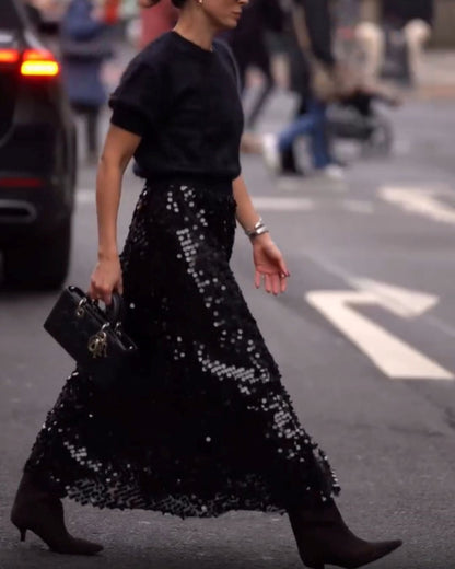 Black Sequin Mesh Midi Skirt